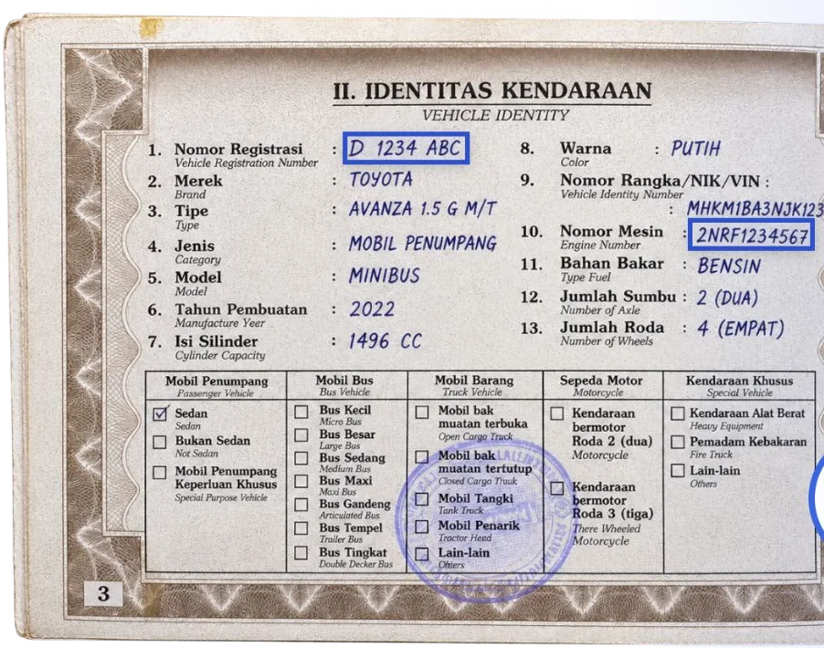 Vehicle registration document (illustration, fictional data)